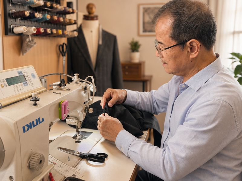Herr Vu ändert ein Sakko an der Nähmaschine in seinem Münchner Atelier